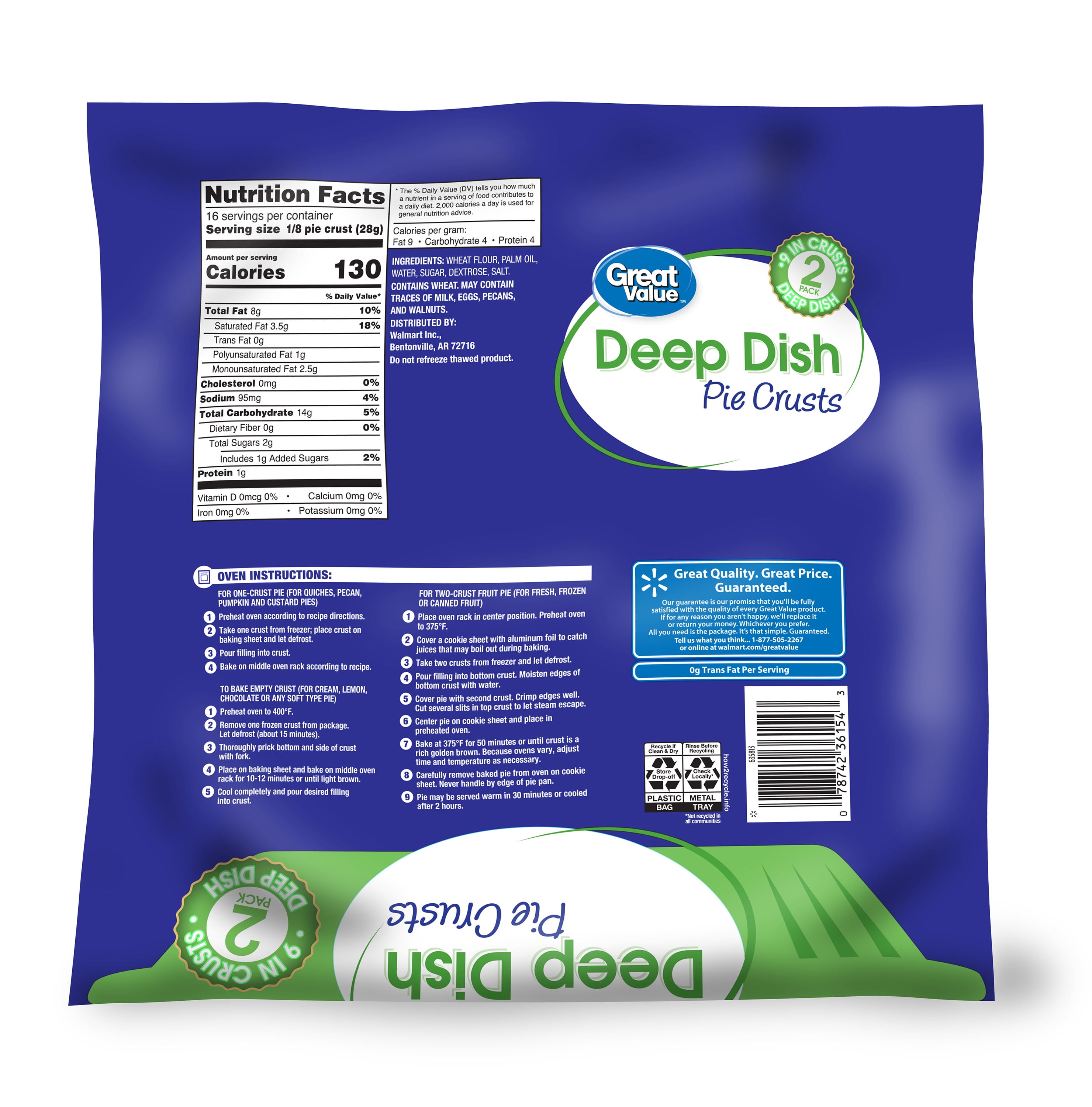 Great Value Frozen Deep Dish Pie Crusts, Two 9-inch Pie Crust & Pans, 16 oz