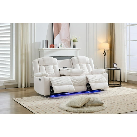 Manual Recliner Chair Sofa for Living Room,White Faux Leather Electric Home Theater Seating Reclining Sofa Couch with Flipped Middle Backrest,LED Light,USB Port,Cup Holder,Hidden Arm Storage