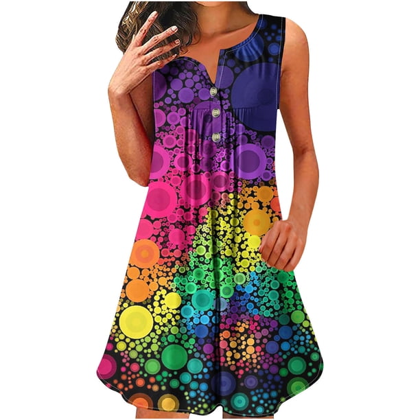 Vestido sin Mangas para las Mujeres Pullover de Botón, Vestido de Poliéster Impreso Casual, Ropa Diaria de Verano sin Mangas de las Mujeres