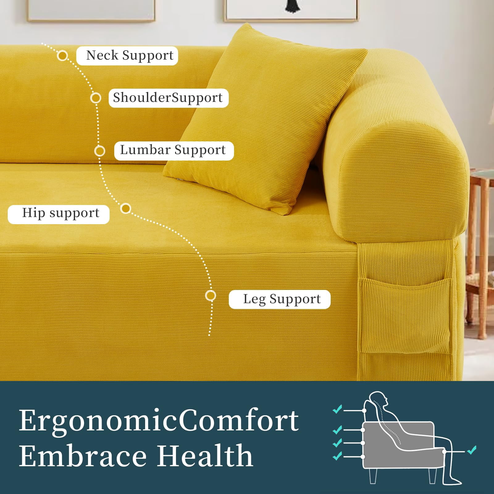 3-Seater Sofa, 83" No Assembly Deep Loveseat Couch in A Box, Spring & High-Elastic Sponge Filling Sofas with 2 Cushions & Side Storage Pockets for Living Room Apartment, Yellow