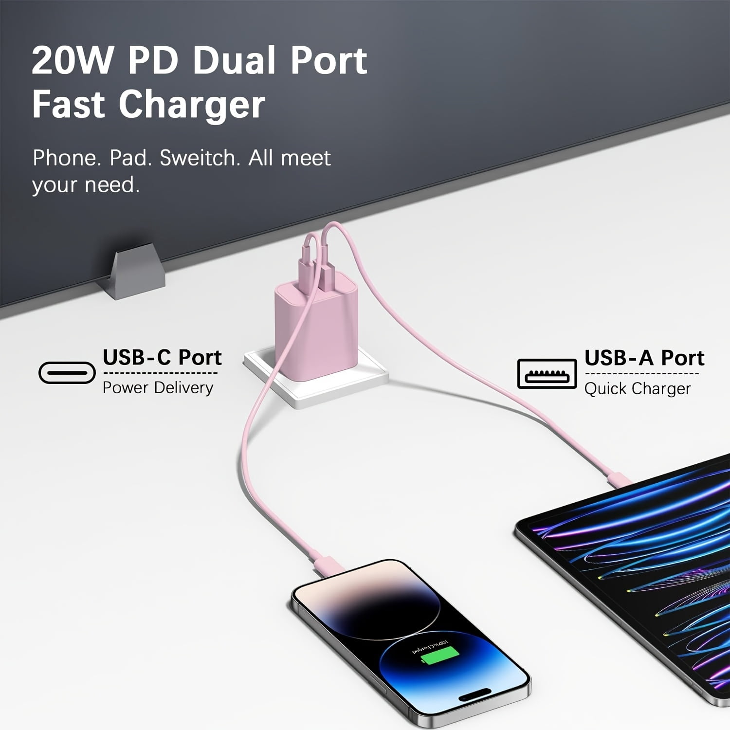 10ft Ultra Long Cable, "dual Fast" 20W USB C Fast Charger Block, Dual Port Power Adapter, with 10ft Cable C-type Fast Charging Group, Suitable for iPhone 15/16 Series, iPad, Samsung, Etc