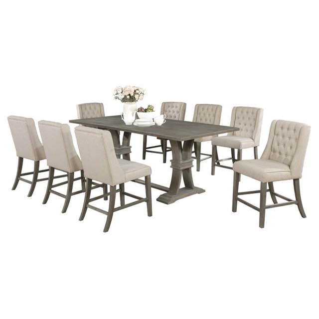 Rustic Counter-height Gray Wood 9pc Dining Set with Beige Linen Chairs
