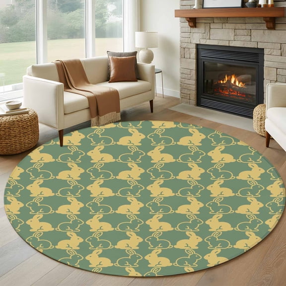 Round Area Rug 8 Ft, Easter Washable Non-Slip Circle Carpet for Living Room/Bedroom, Cute Cartoon Rabbits Bunny Animal Yellow Green Collection Low-Profile Large Area Rugs for Indoor