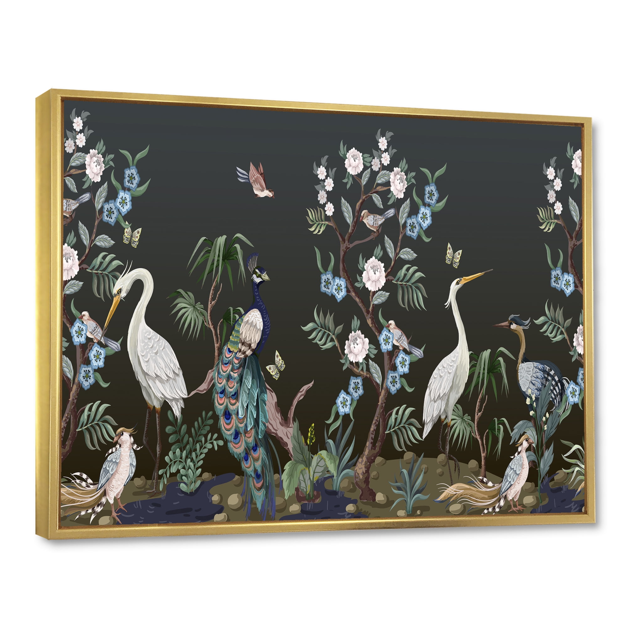 Designart 'Chinoiserie With Peonies and Birds IV' Traditional Framed Canvas Wall Art Print