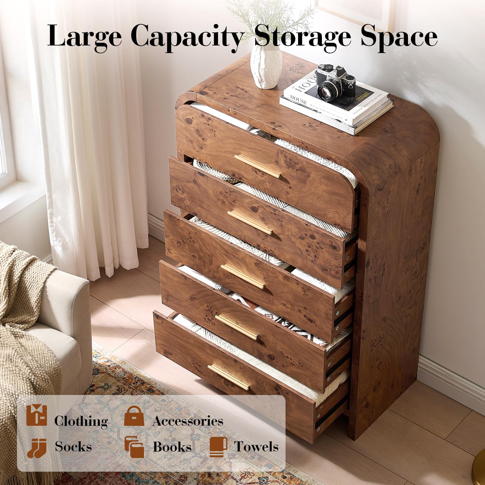 Vintagearth 5 Drawers Dresser for Bedroom, Curved 45.6" Tall FSC-certified Wood 1.18" Thick Board Dressers & Chests of Drawers for  Living Room, Hallway, Entryway, Dark Burl