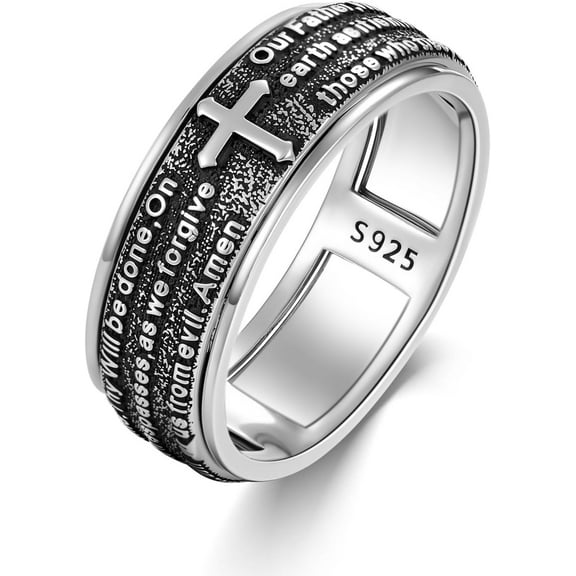 Cross Spinner Ring with Bible Size 9/10/11/12 Sterling Silver Cross Band Rings for Men Dad Son