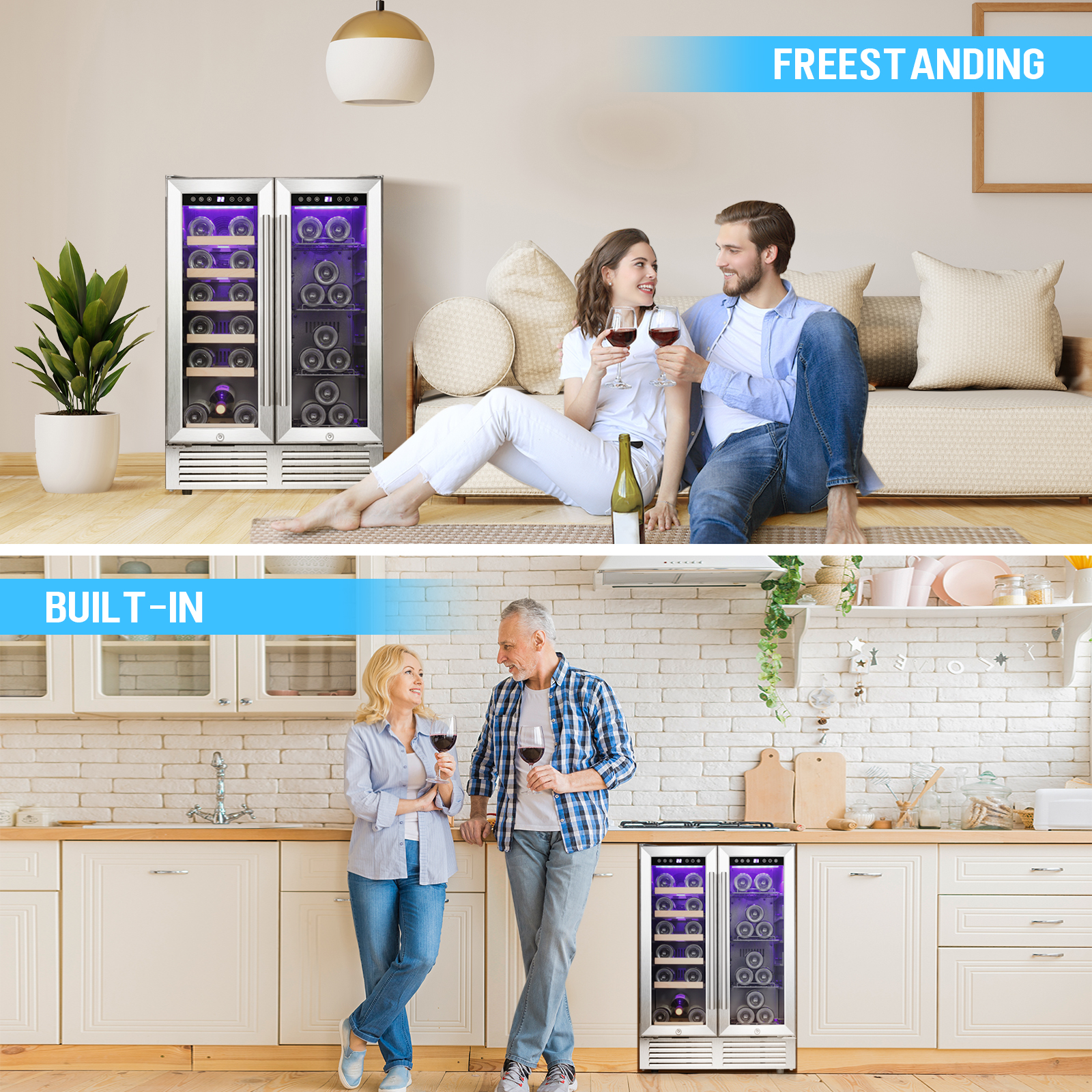 FREE VILLAGE 24 Inch Wine and Beverage Refrigerator,Dual Zone Built-in Wine Cellar,Freestanding Mini Fridge,Clear Glass Door,LED Light,for Beer Soda… wine  cooler