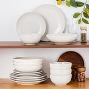 vancasso 16 Pieces Dinnerware Sets, Stoneware Plates and Bowls Set for 4, White Dish Set, Five Leaf Flower Pattern