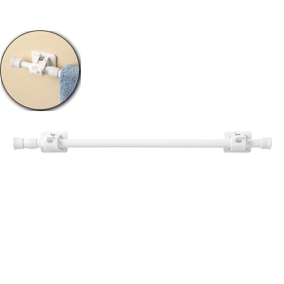 White No-Drill Adjustable Tension Rod with Clips (15.7–28 Inches) – Telescopic Wrought Iron Hanging Rod for Curtains, Cabinet Doors, Wardrobes, Windows & Bathroom