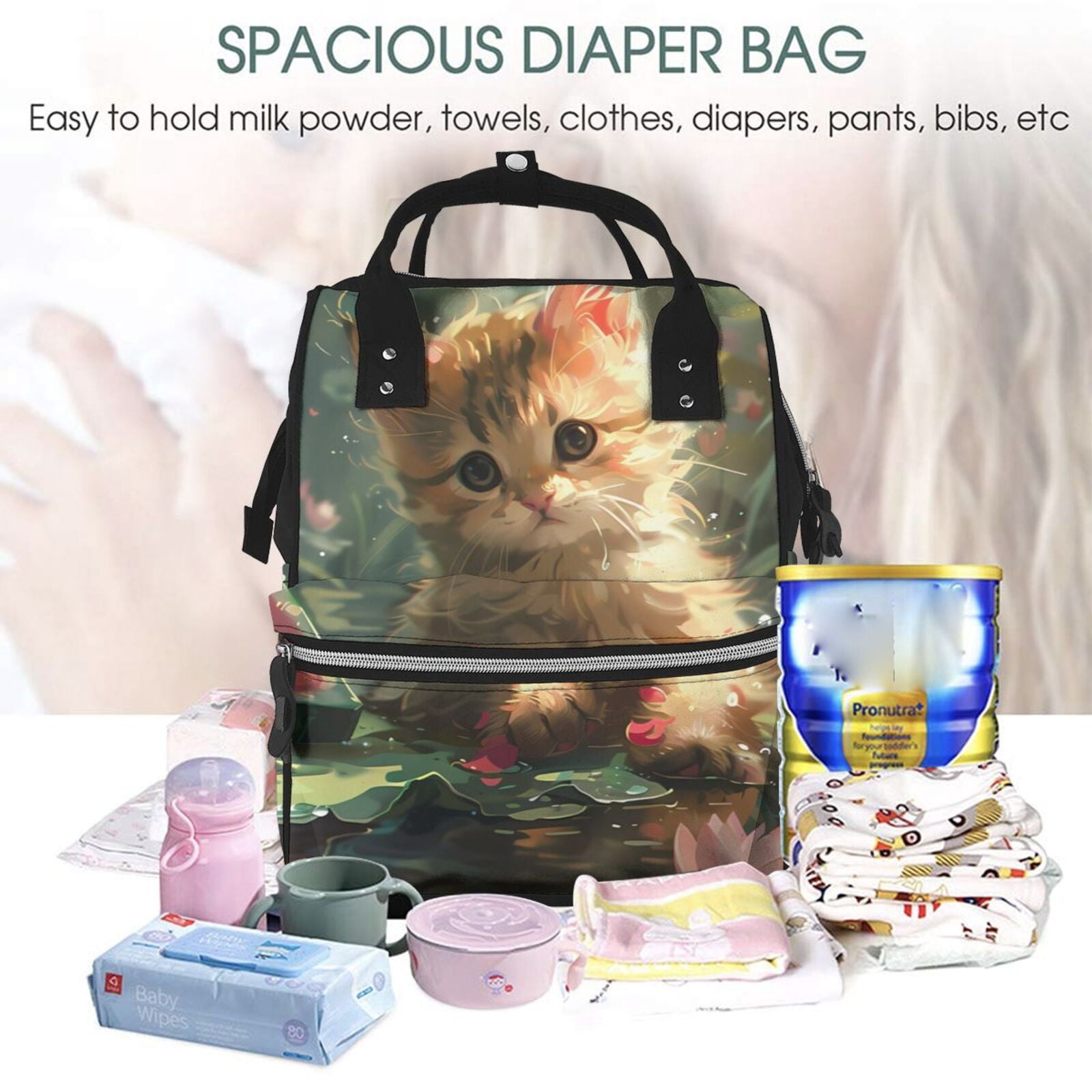 Ratiio Cute Kitten Water Lilies Mummy Backpack - Waterproof Twill Canvas, Large Capacity Diaper Bag with Multiple Pockets and Adjustable Straps