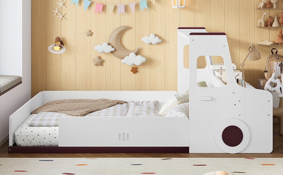 Eyisean Full Size Wooden Low Platform Floor Bed Frame with Fun Car-Shape & 2 Storage Drawers, Multi-functional Durable Race Car Beds with Desk Area, Easy Assembly for Bedroom, Apartment