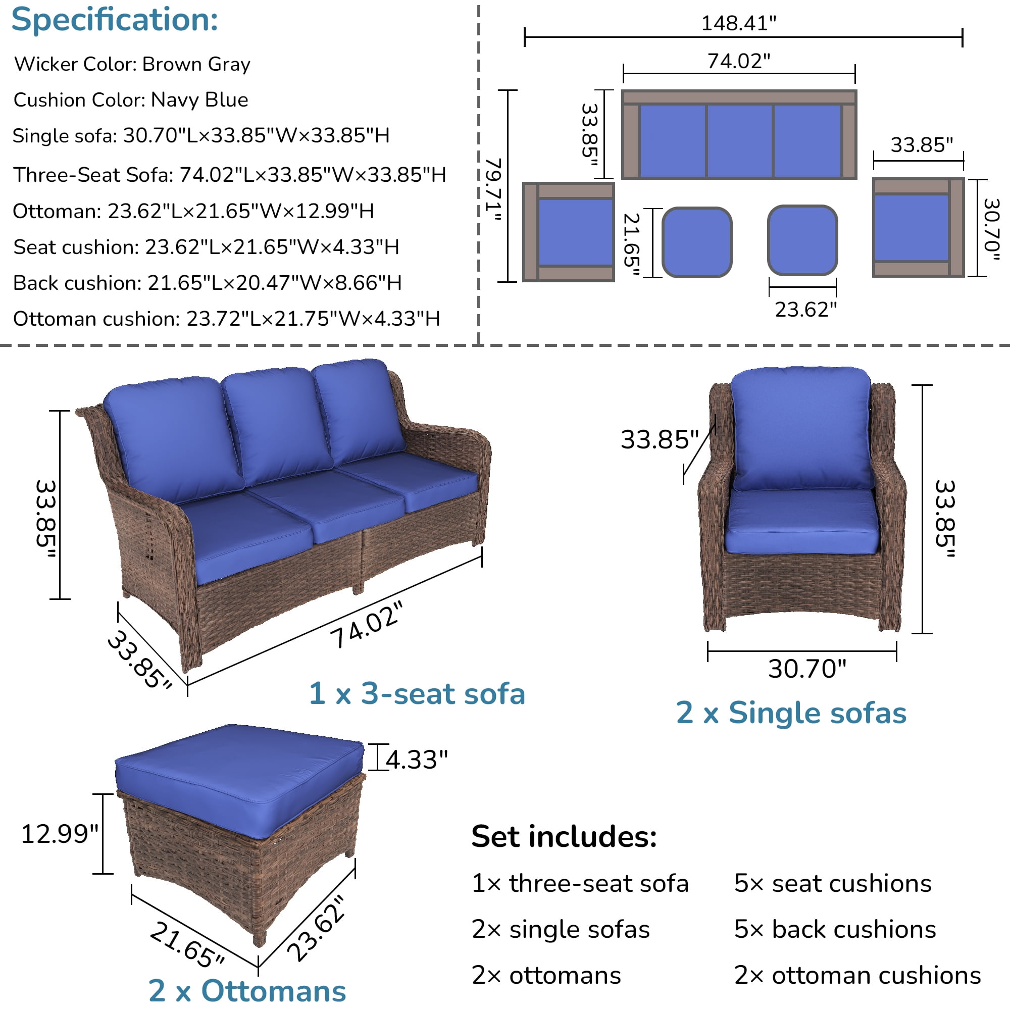 Hzzkey Patio Furniture Set, 5 Pieces Outdoor Sectional Sofa Set, All-Weather Wicker Rattan High Back Patio Conversation Set with Ottoman for Poolside, Backyard, 4.33" Thick Cushions, Navy Blue