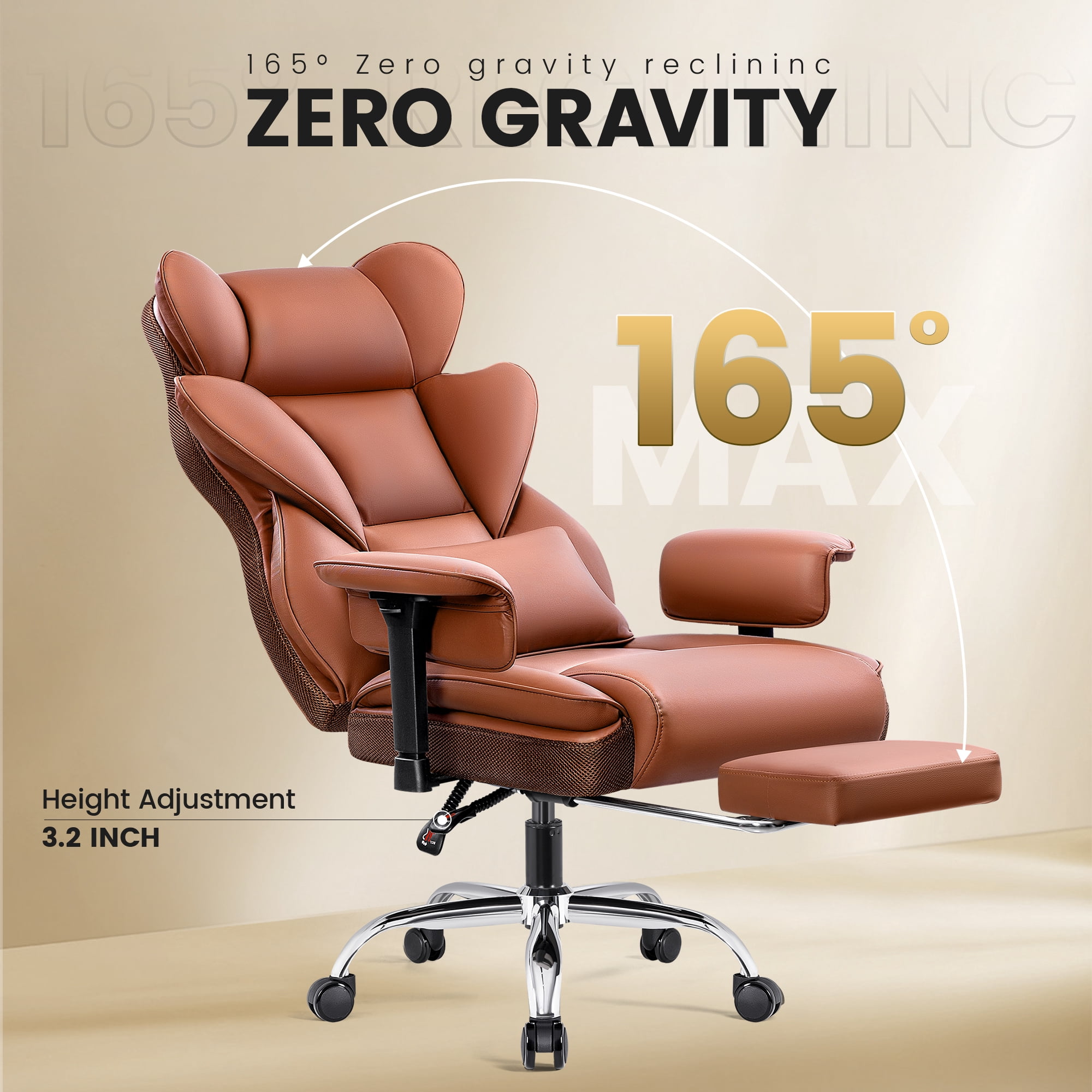 COOLHUT Large Executive PU Leather Office Chair with Adjustable Armrests and Footrest, High Back and Lumbar Support, Ideal for Big and Tall Users, Perfect for Home Office or Computer Desk Use, Brown