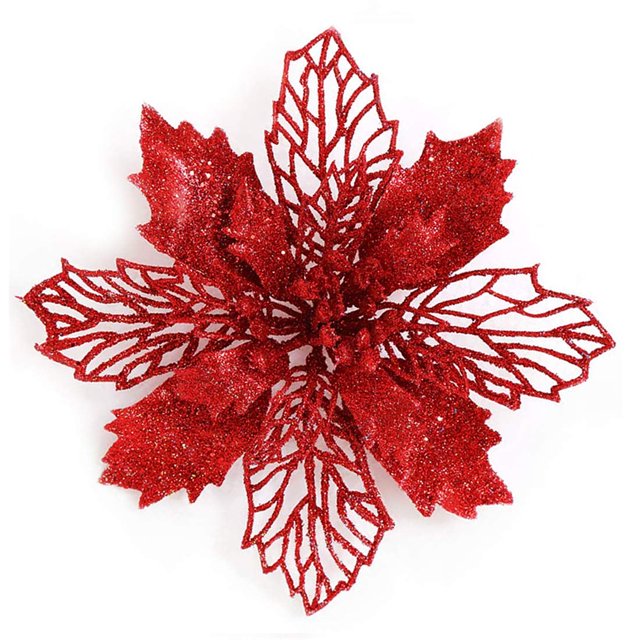 12 flores artificiales de Navidad con purpurina de 16 cm, color azul, para árbol de Navidad, para decorar bodas y el hogar (rojo)