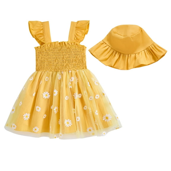 12 Months Baby Girl Dress 18 Months Girls Sleeveless Dress Solid Color Cute Bowknot Toddler Girls Suspender Dress Tulle Dress with Hat Yellow