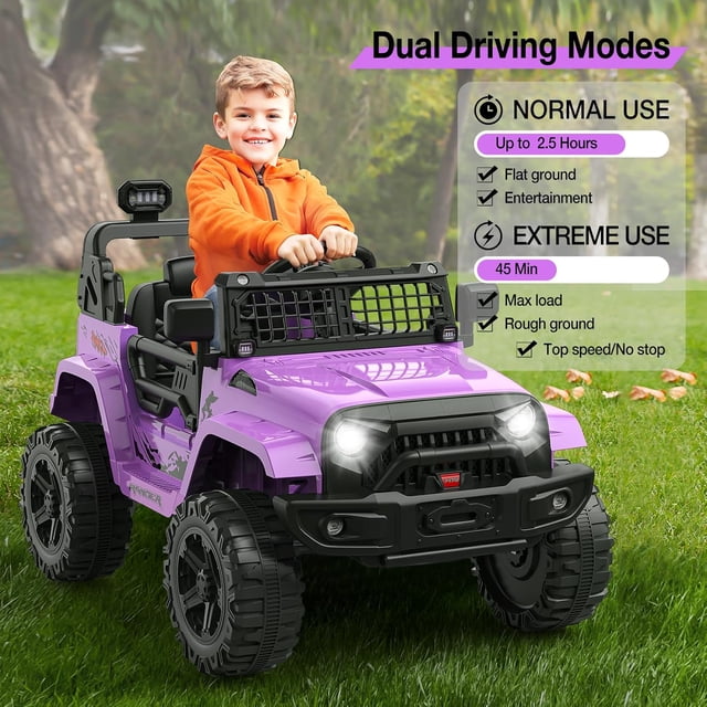 Historyli Camión eléctrico de 12 V con control remoto para padres, luces LED y suspensión de resorte, color morado