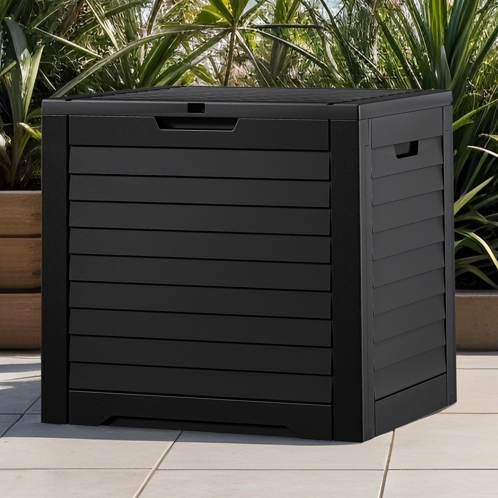 Dextrus 35 Gallon Waterproof Resin Deck Box, Black Lockable Outdoor Storage & Package Delivery Bin, Compact Patio Organizer for Cushions, Garden Tools and Pool Accessories