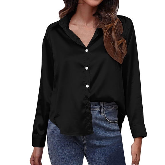 TKLPEHG Long Sleeve Tops for Women Lapel Button Satin Shirt Lightweight Loose Fall Tops Fashion Solid Color Casual Comfy Blouses Pullover (Black,XXL)