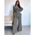 thumbnail image 5 of Women's Casual Lounge Two Piece Outfits Long Sleeve V Neck Wrap Tie Waist Shirt Wide Leg Pants Sets Gray S, 5 of 10
