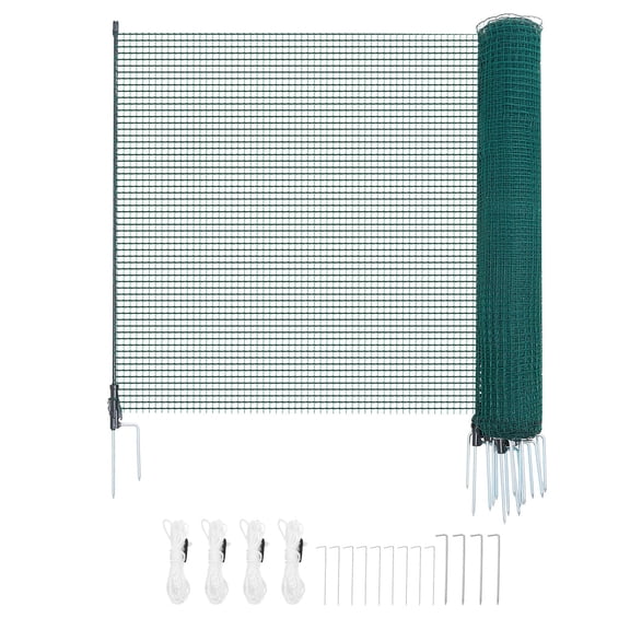 KFFKFF Temporary Fence with Posts, 3 x 49.2 FT Plastic Mesh Fencing, Garden Safety Netting with Double-Spike Stakes & Guy Ropes, Portable Fence for Pets, Poultry, Plants, and Outdoor Spaces