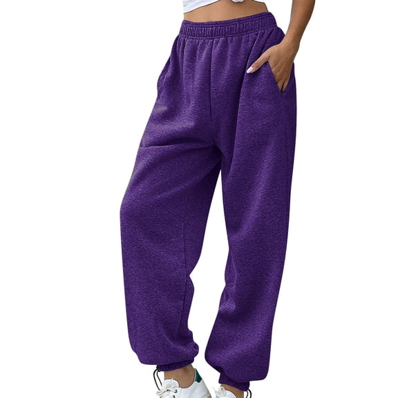 Womens Fleece Lined Sweatpants Baggy High Waisted Joggers Cinch Bottom Lounge Pants with Pocket Active Wear Purple