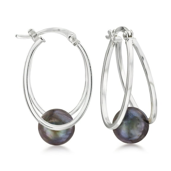 Ross-Simons 8-9mm Black Cultured Pearl Double-Hoop Earrings in Sterling Silver, Women's, Adult