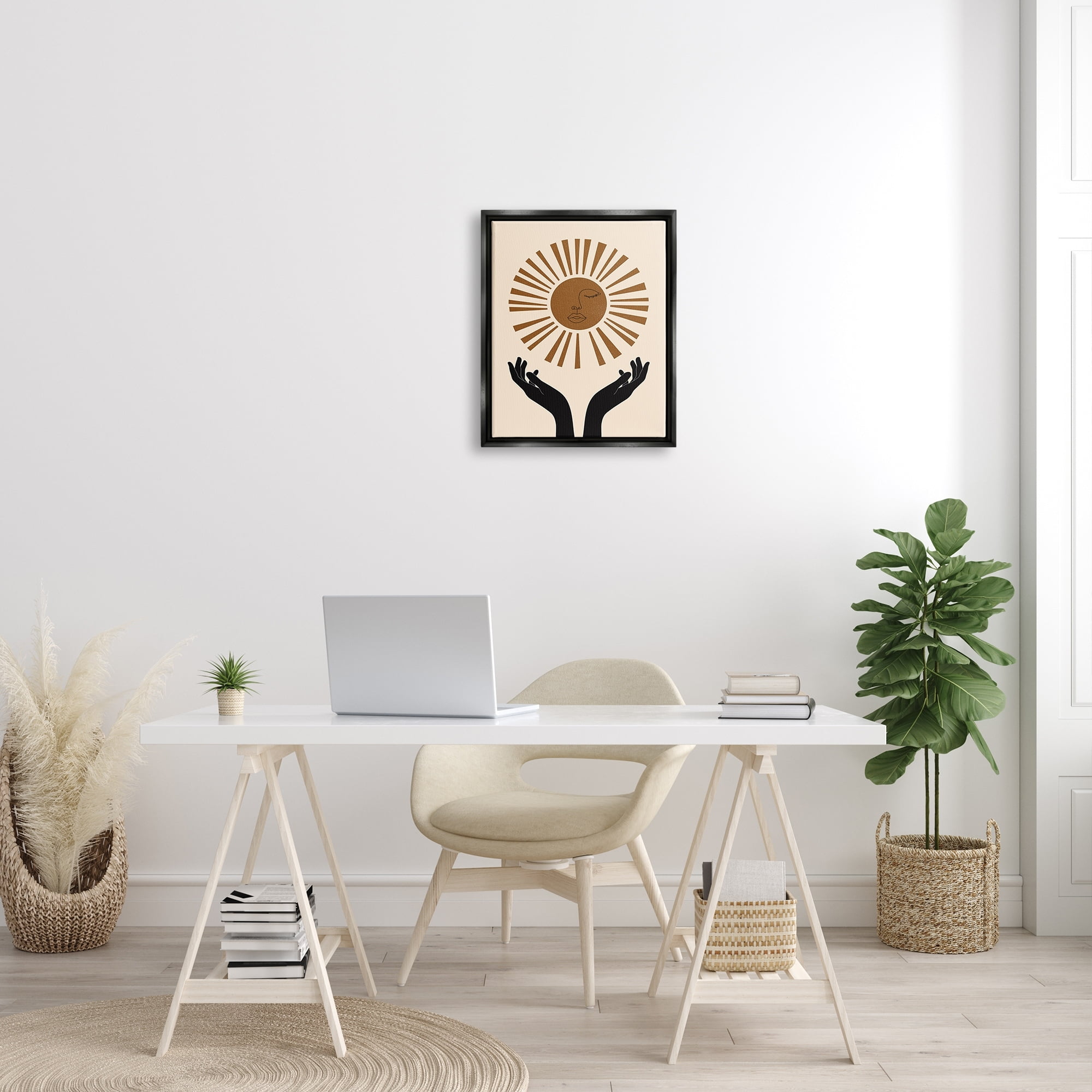 Stupell Industries Hands Holding Desert Sun with Face Linework Jet Black Framed Floating Canvas Wall Art, 16x20, by JJ Design House LLC
