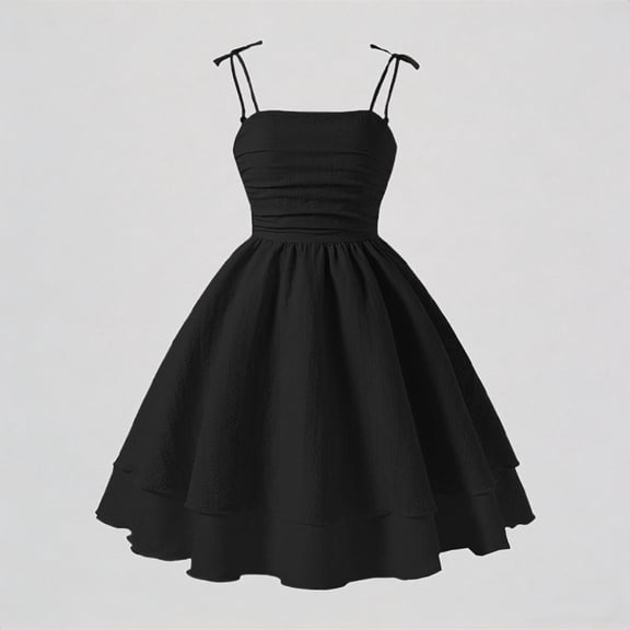 Krdevn Girls' Black Bow Strap Ruched Bustier Dress Sweet Sleeveless Tiered Flared Mini Dress,8 Years