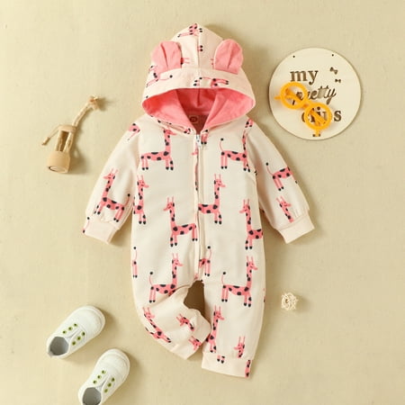

Baby Girls Boys Ear Giraffe Print Autumn Long Sleeve Hooded Romper Jumpsuit Clothes