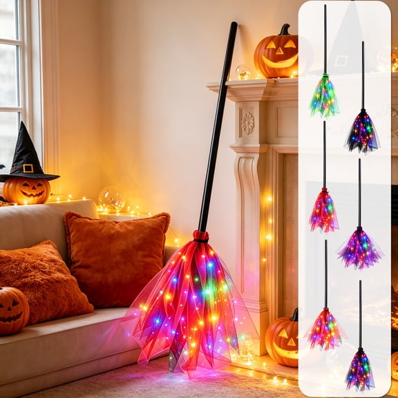 Halloween Lighted Witches Broom, 3‑Section Assemblable Mesh Broomstick with Colorful Lights, 14*6in, Festive Party Favor Ornament for Outdoor Festival Home Haunted House Halloween Decor
