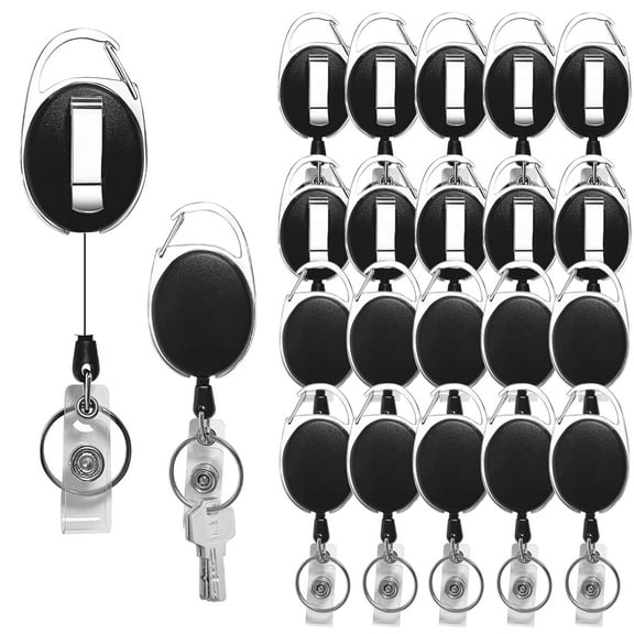 Diateklity 20 Pack Retractable Badge Holder with Carabiner Reel Clip, Badge Reel Bulk ID Card Key Holder with Ring, Heavy Duty Black Key Chain Extender for Office Work Employee