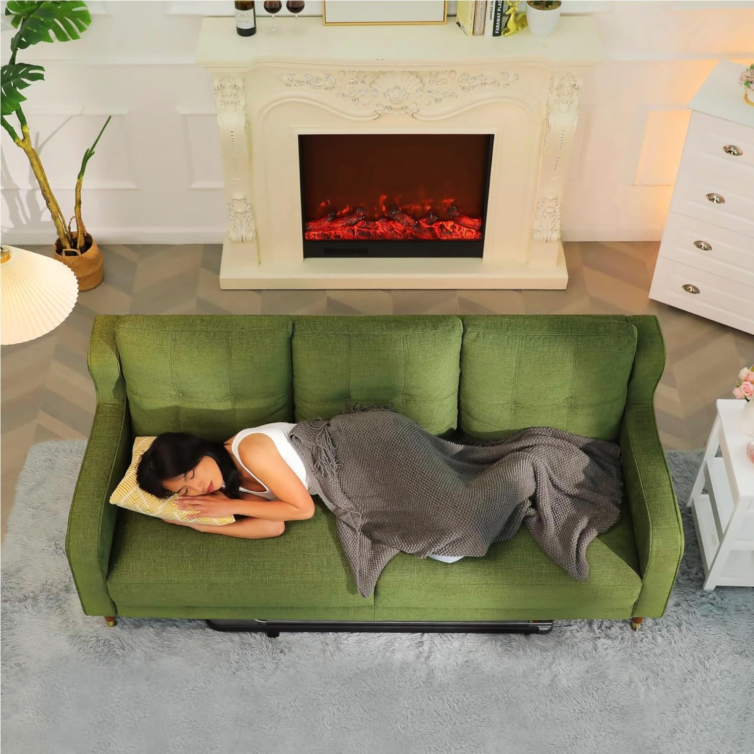 Farmdex 76-Inch Mid-Century Modern 3-Seater Sofa Couch with Spring Support, Linen Fabric, Solid Wood Legs, Ideal for Living Room, Dorm, and Bedroom Green