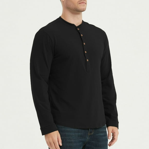 pstuiky camisetas de manga larga para hombre, Camisa informal de color liso con botones y cuello redondo y manga larga para hombre camisetas de hombre m