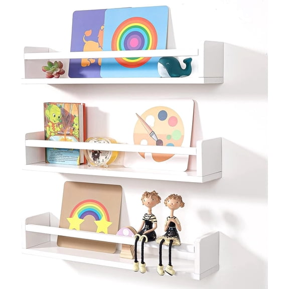 White Floating Bookshelves 24 Inch Set of 3 Solid Wood Wall-Mounted Storage Shelves for Organizing Books and Decor in Nursery or Kids Room