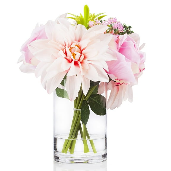 Enova Home Artificial Mixed Silk Roses and Dahlia Flowers Arrangement in Clear Glass Vase with Faux Water (Pink)