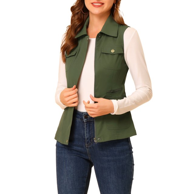 INSPIRE CHIC Veste Zippée pour Femme Sans Manches Anorak Gilet Utilitaire Veste avec Poches TG Vert