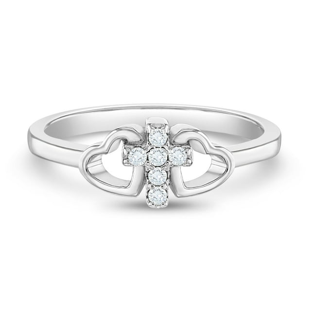 Bague Cœur en Argent Sterling 925 Taille Fille 4 Religieuse Petite Croix en Zircon Cubique