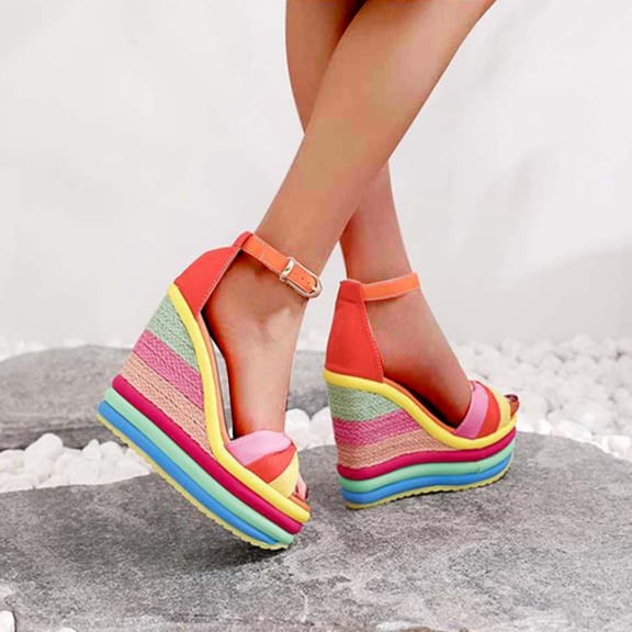 FAKKDUK Sandals Women Rubber, Sandals for Women Buckle Ankle Strap Womens Open Toe Sandals Women Dressy Summer Casual Sandals Platform Shoes for Outdoor Melarey High Heel Wedge Sandals, 7.5&Orange