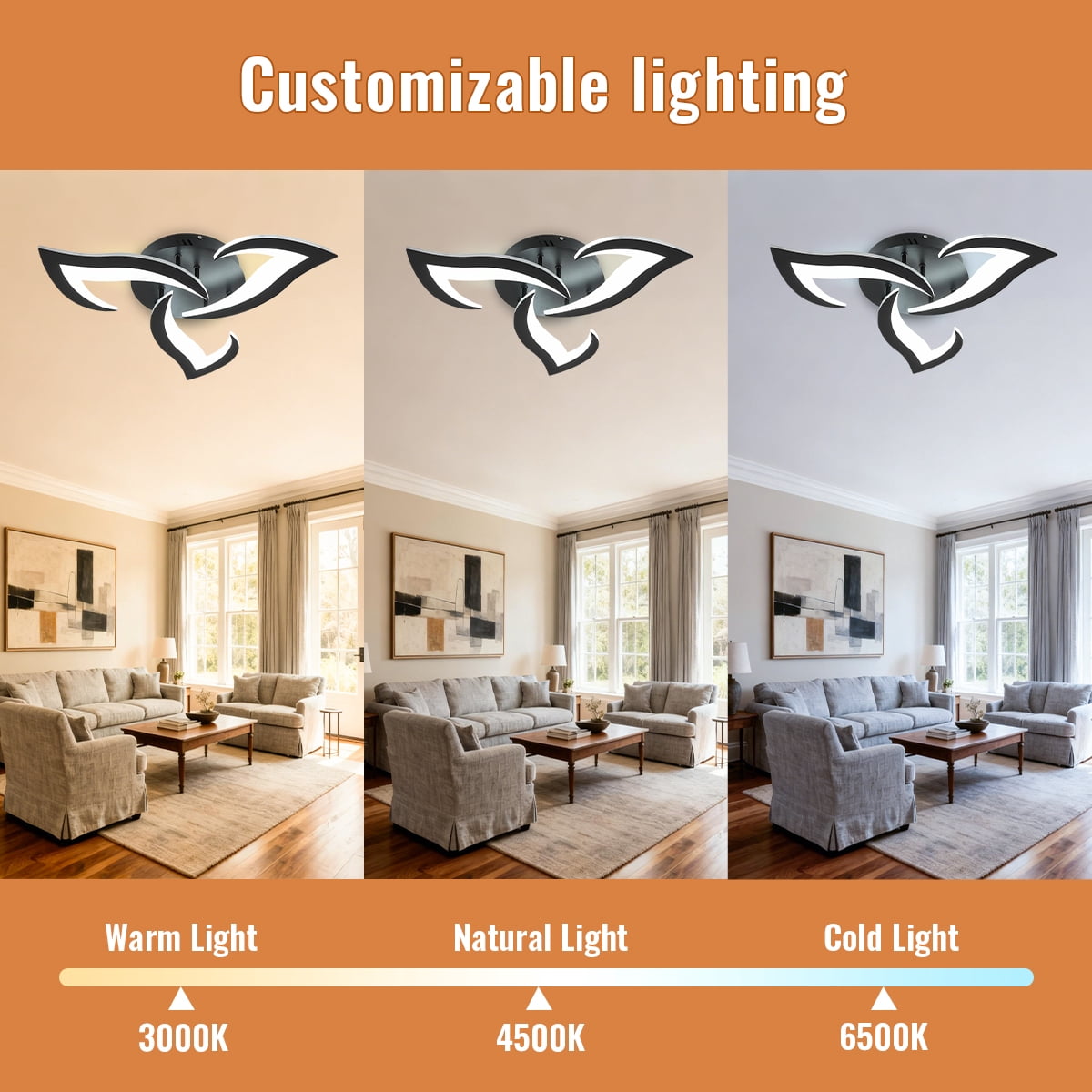 Modern Semi Flush Mount Ceiling Light, 20 inch Dimmable LED Chandelier Low Profile Ceiling with Remote Control, Ceiling Lamp Fixture for Living Room Dining Room Bedroom, Black