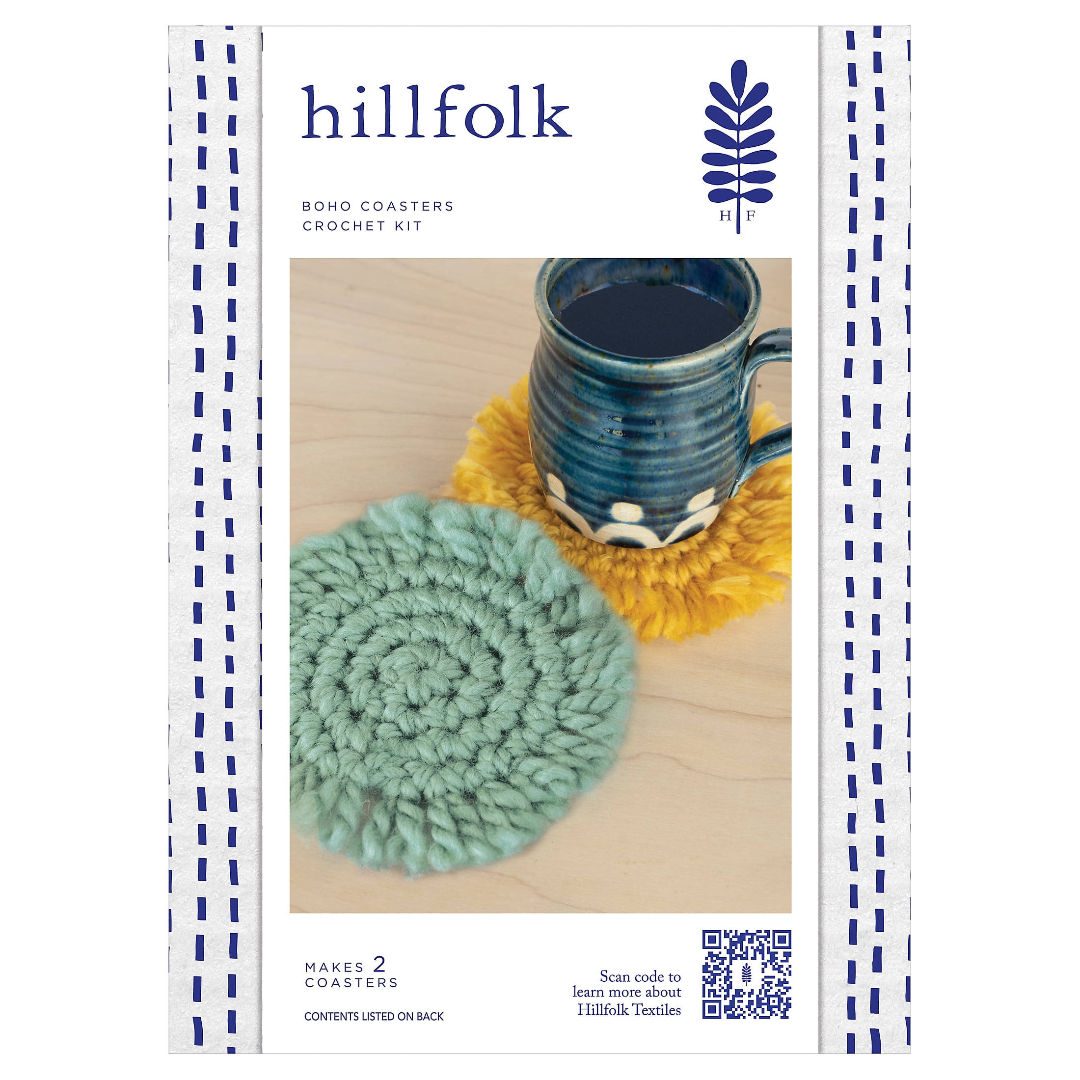 Hillfolk Crochet Coaster Kit- Includes Crochet Hook, Yarn, Plastic Yarn Needle And Instructions. Makes Two Coasters.