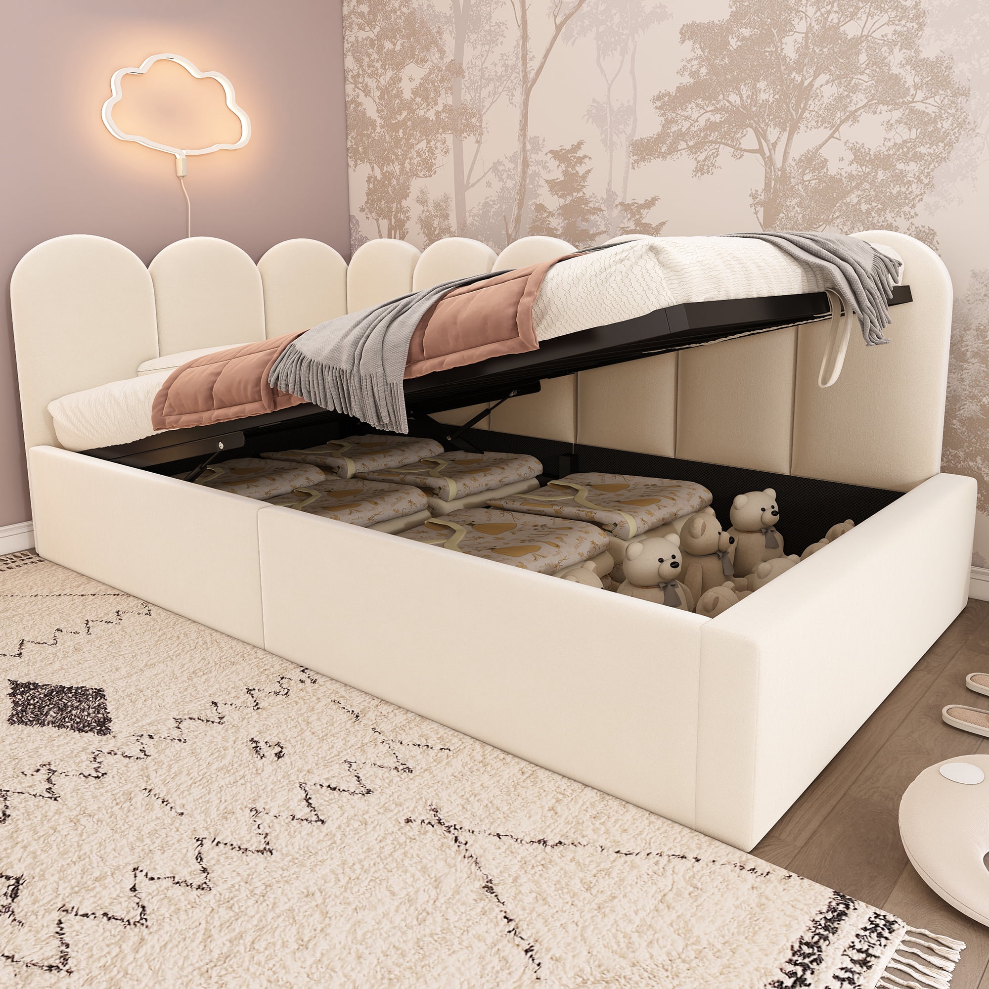 Euroco Upholstered Daybed with Hydraulic Storage, Twin Size Sofa Bed with Metal Slats, Beige