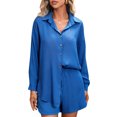 thumbnail image 1 of Ropa de mujer, Conjunto de pantalones cortos de camisa para mujer Camisa casual de manga larga con b Abody Azul/Grande, 1 of 7