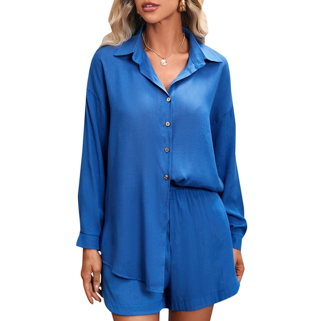 Ropa de mujer, Conjunto de pantalones cortos de camisa para mujer Camisa casual de manga larga con b Abody Azul/Grande