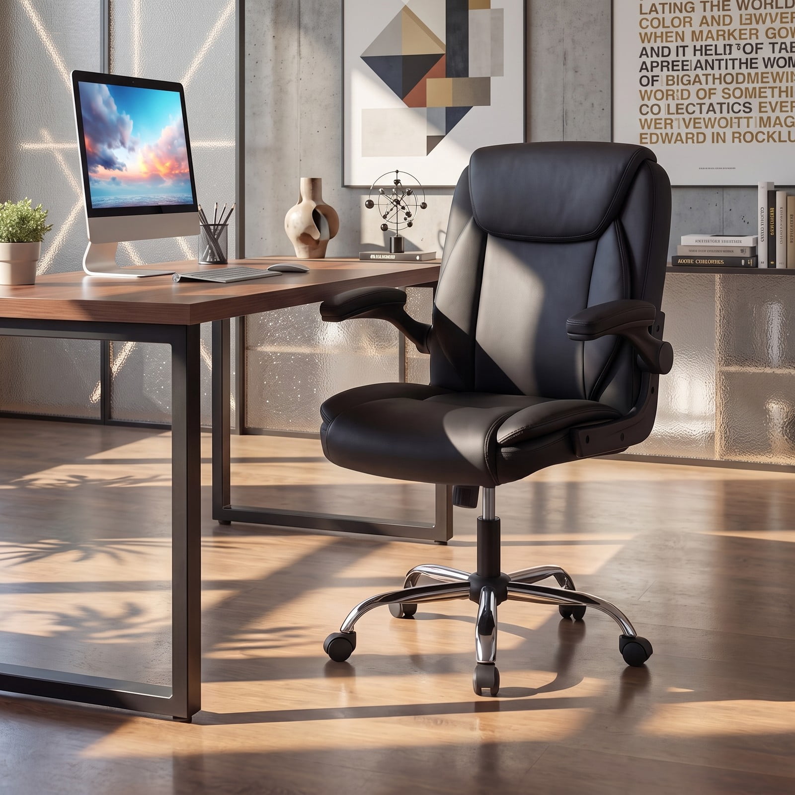 Furnibear Ergonomic Leather Office Chair, High Back PU Leather Executive Desk Chair with Flip-up Armrests, Rocking Function, Adjustable Height and Swivel for, Black