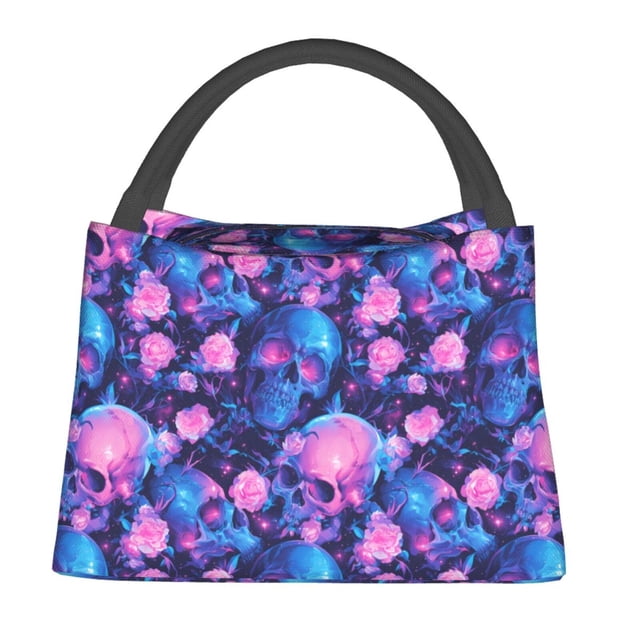 Fotbe Blue Skull Rose Bolsa Térmica Portátil con Estampado, Bolsa de Entrega de Alimentos Aislada, Bolsa Reutilizable de Gran Capacidad para Comidas y Supermercado