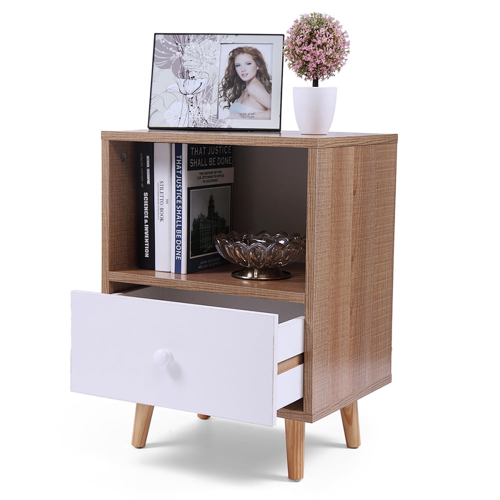 Kepooman 1 Drawer End Table for Bedroom, Wooden Nightstand for Living Room, Wood Color Bedside Table for Home Office, Set of 2