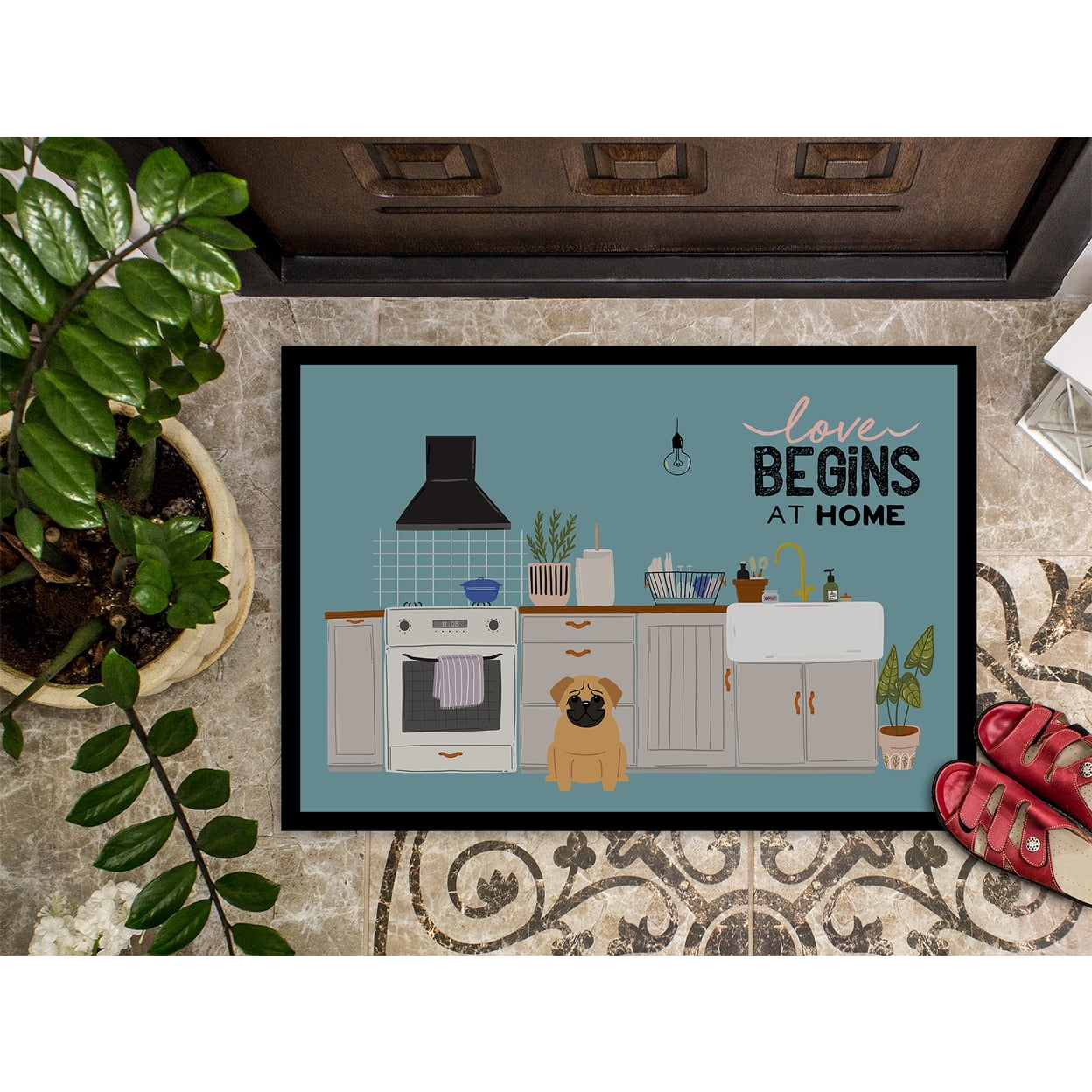 Brown Pug Kitchen Scene Door Mat