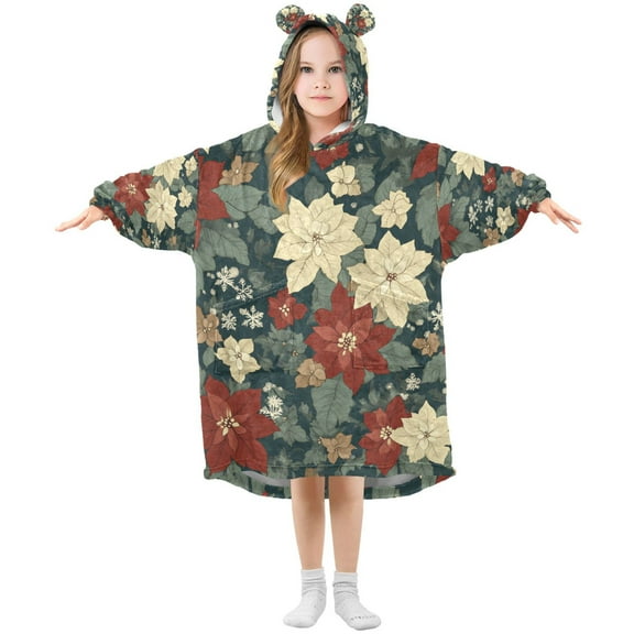 FORMRS Wearable Blanket Hoodie with Sleeves for Kids Cozy Flannel Sweatshirt, Christmas Blooms