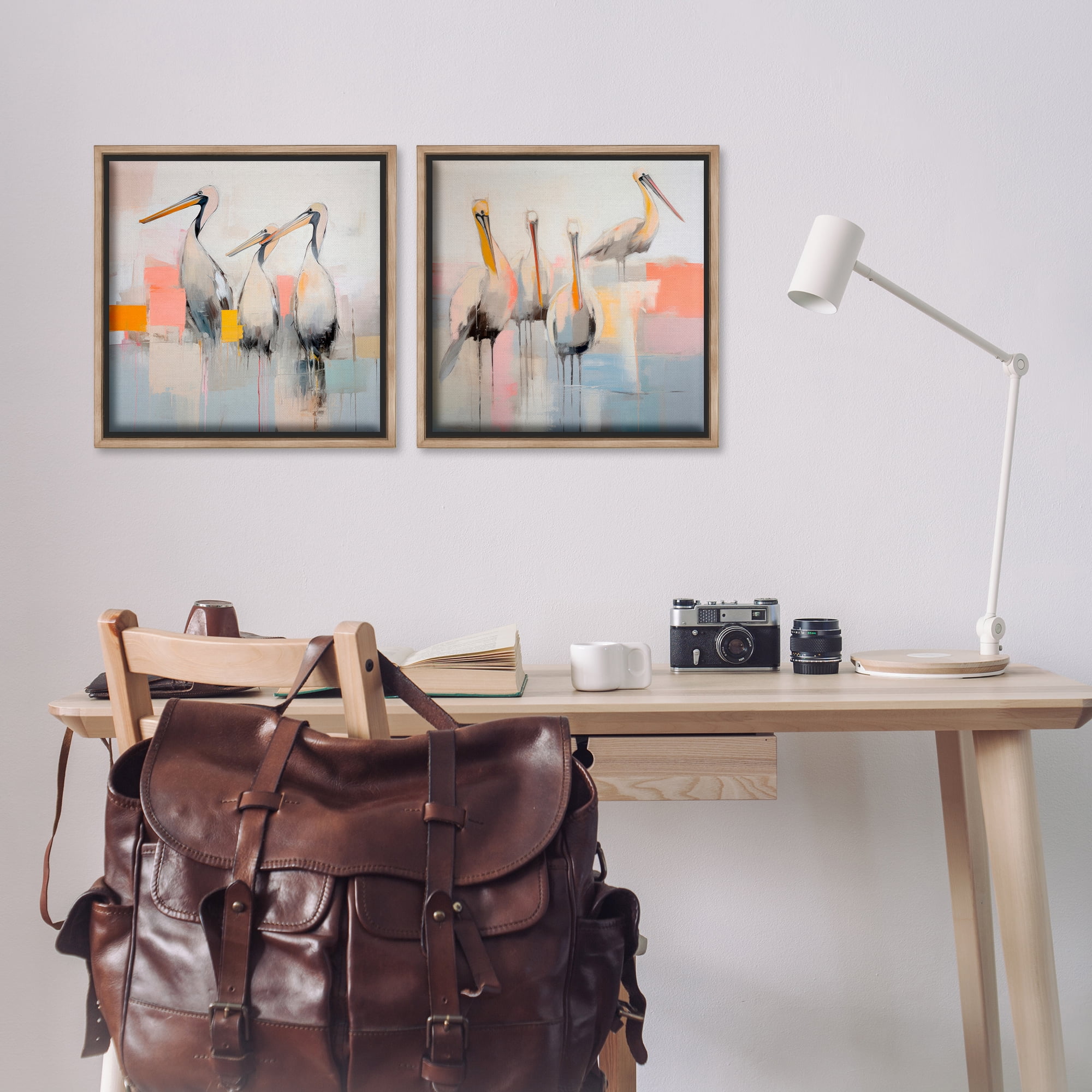 Stupell Industries Abstract Pelican Bird Animals Painting Brown Floater Framed Canvas Art Print Wall Art, 18 x 18, Set of 2