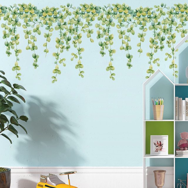Diseño colgante, pegatinas de pared de vid verde, calcomanías de plantas verdes literarias frescas, escena de primavera, Mural artístico de pared DIY desmontable